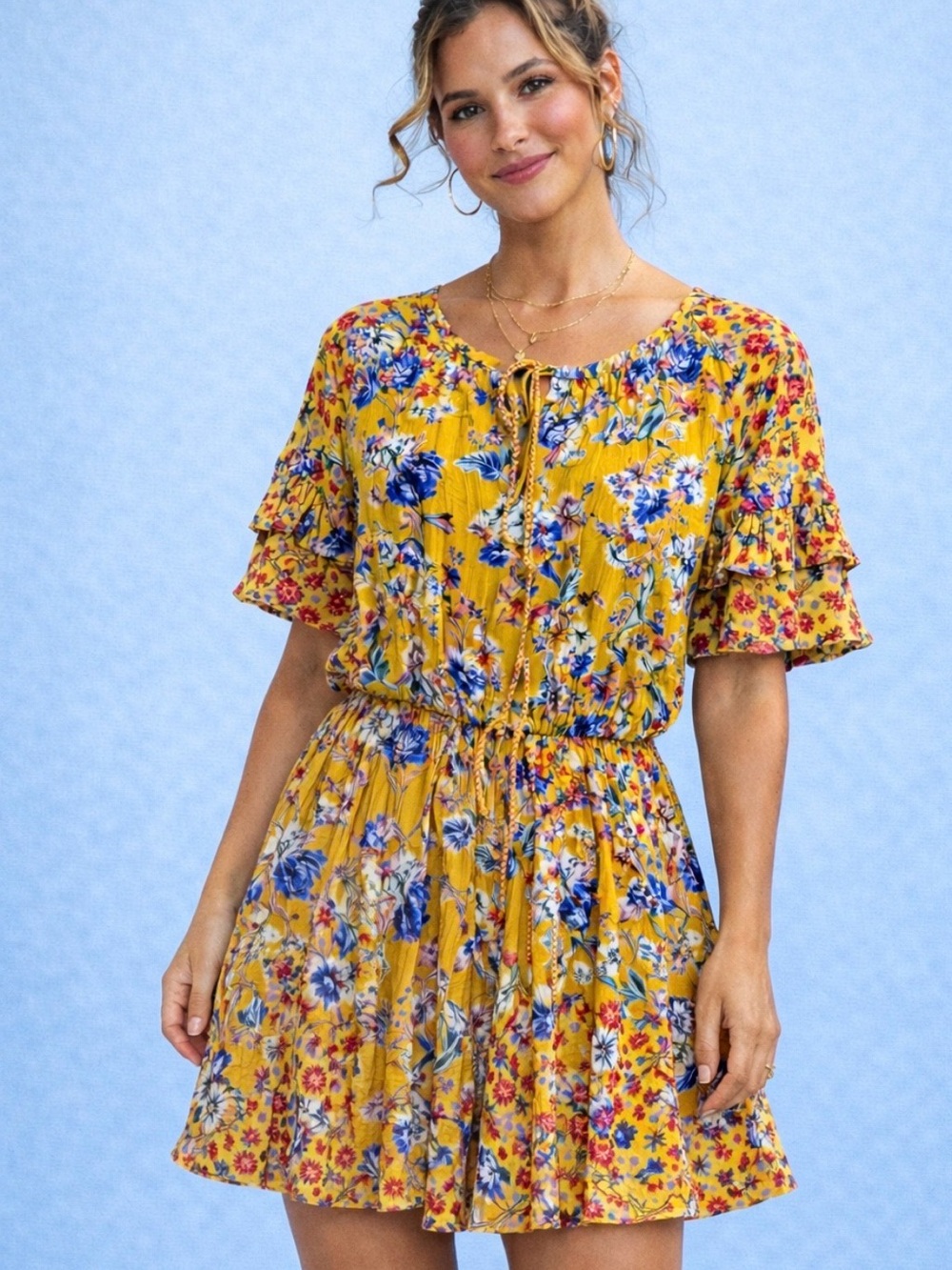 Umgee Mustard Yellow Floral Tie-Neck Romper-small